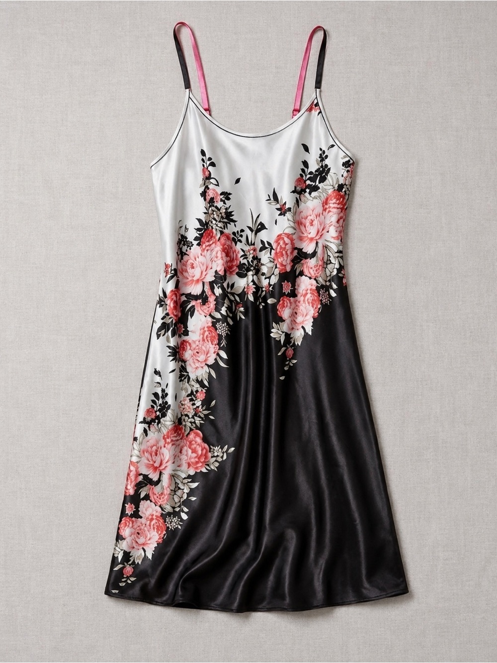 Flora Nikrooz Floral Satin Chemise Slip Dress - Black & White with Pink Roses